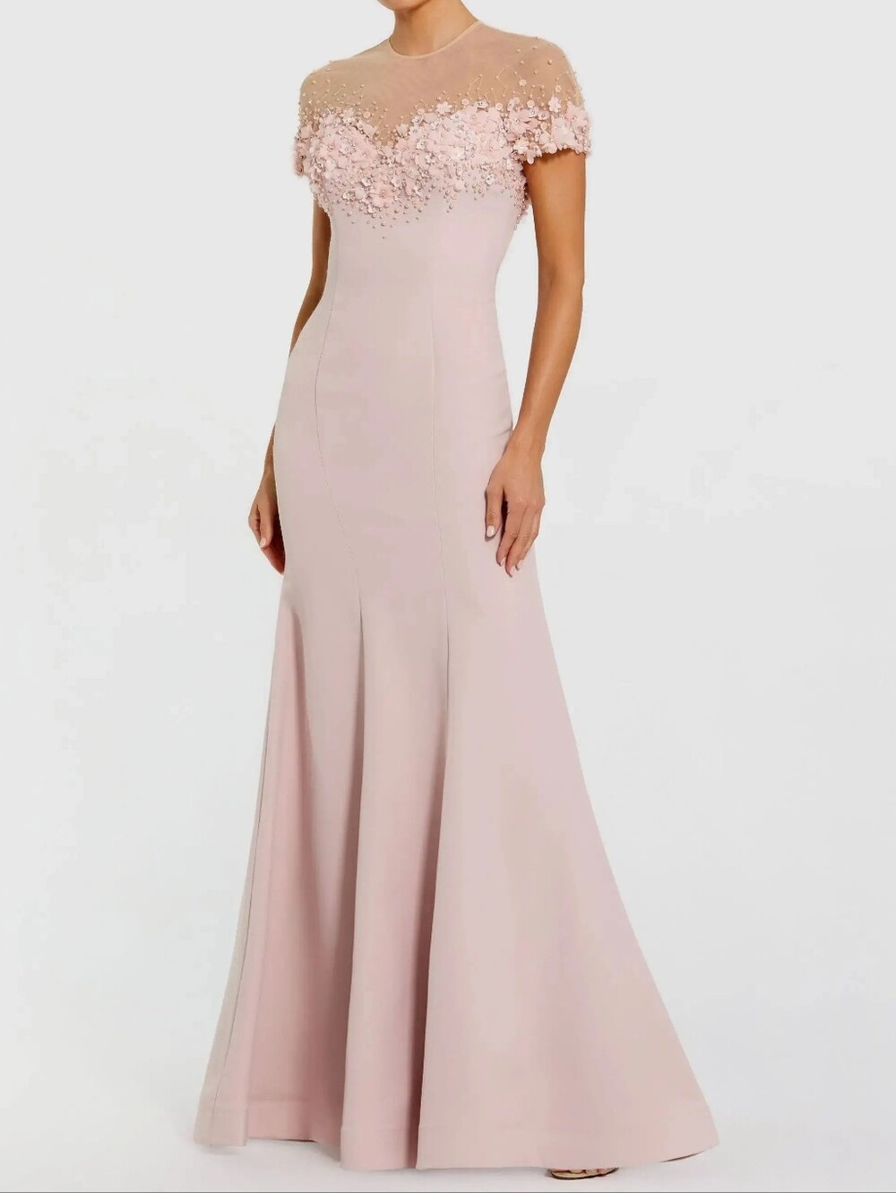 Mac Duggal Beaded Illusion Floral Pearl Rhinestone Pink Crepe Mermaid Gown Sz 6